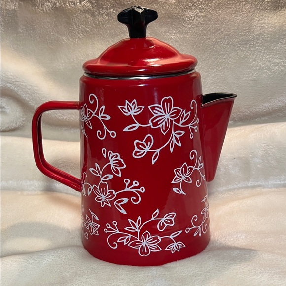 Temp-Tations Other - TEMPTATIONS BY TARA ☕️ RED FLORAL LACE OVEN/STOVETOP SAFE PERCULATOR COFFEE POT